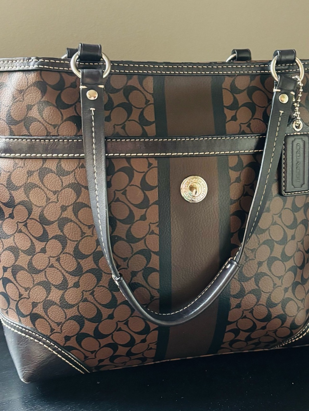 Coach Brown and Black Signature Stripe Tote